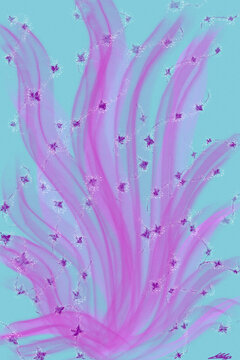 Abstract surreal background with flowing pink smoke waves and sparkling trails of purple butterflies on a soft turquoise backdrop