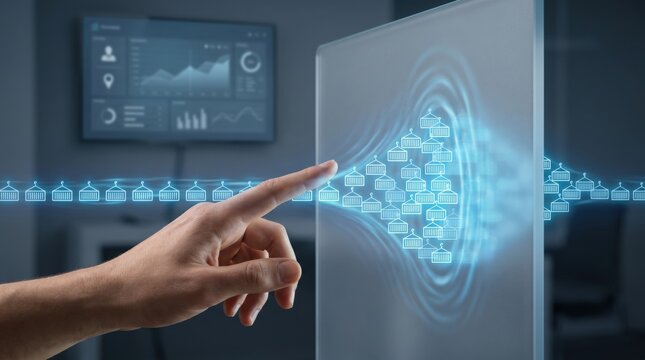 Tariff Headwinds - A hand pushes a glowing trade flow against a barrier, symbolizing resistance and reversal in a clean, minimal interface.
