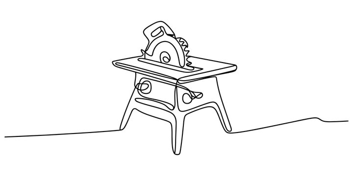 Continuous one line drawing of a table saw for woodworking projects