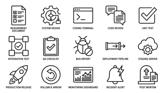 Software development icons set for coding and deployment processes concept