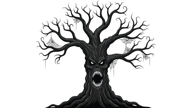 Scary black tree with a monstrous face and sharp teeth is decorated with spooky spider webs for the halloween season celebration.