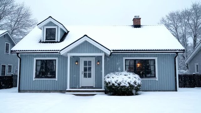 A snow-covered cottage, with a dormer and chimney, stands in a wintry landscape