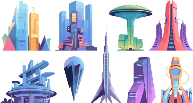 Flat Vector Illustration Set of Futuristic City Buildings and Sci Fi Skyscrapers for Cyberpunk Metropolis Game Backgrounds and Future Architecture Technology Designs
