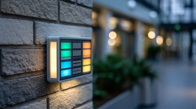 Building facade embedded with moisture sensors and occupancy trackers, glowing interface panel displaying real-time energy consumption data in a hospital environment corridor, ideal for smart buildi