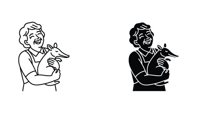 Happy elderly woman hugging an anteater vector character illustration in outline and solid black silhouette style for pet care and animal welfare concepts