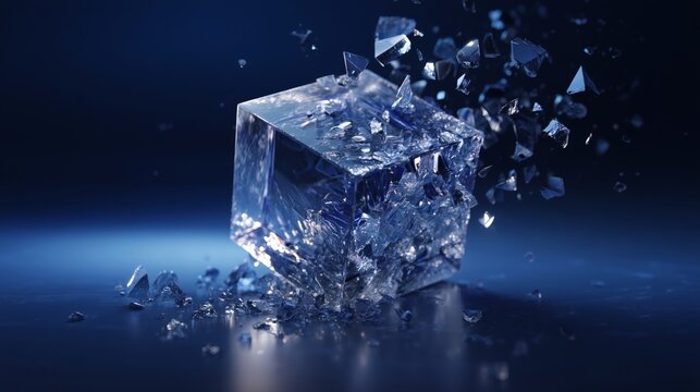 Abstract ice cube crushing and melting in blue water with dynamic splashes, 3d render.