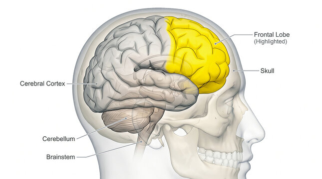 Human brain frontal lobe with anatomical labels in side view, cerebral cortex