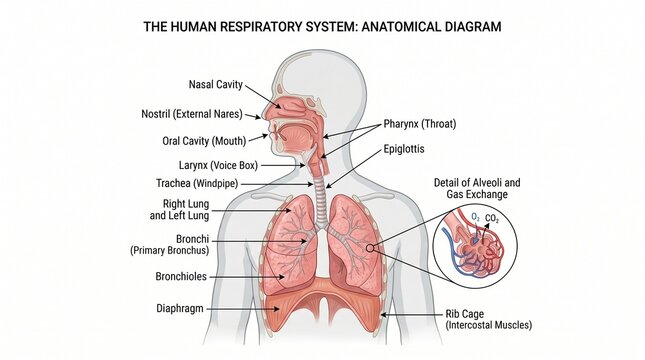 Human respiratory system anatomical diagram showing lung anatomy with breathing