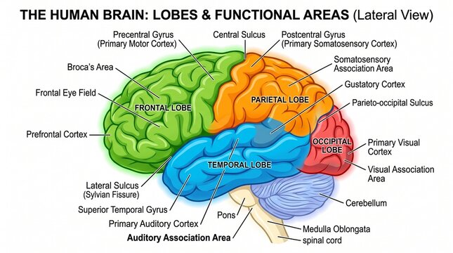 Human brain lobes and functional areas diagram (lateral view) with frontal lobe