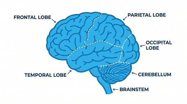 Anatomical diagram of human brain lobes cerebellum and brainstem frontal lobe