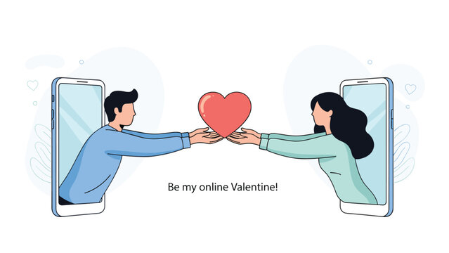 Long distance relationship concept shows a man and woman reaching out from mobile phone screens to hold a red heart together.