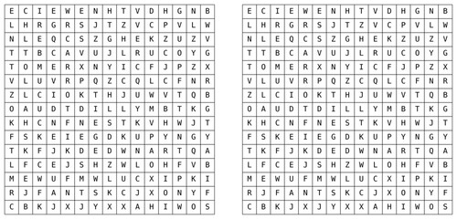 Word search puzzle with letter grid and highlighted solution. Educational vocabulary game for brain training, language learning, and printable worksheets. Vector illustration series. © Alex