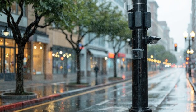 Medium shot of a smart city boulevard pole featuring integrated radios sensors and adaptive lighting enhancing urban connectivity and pedestrian safety.