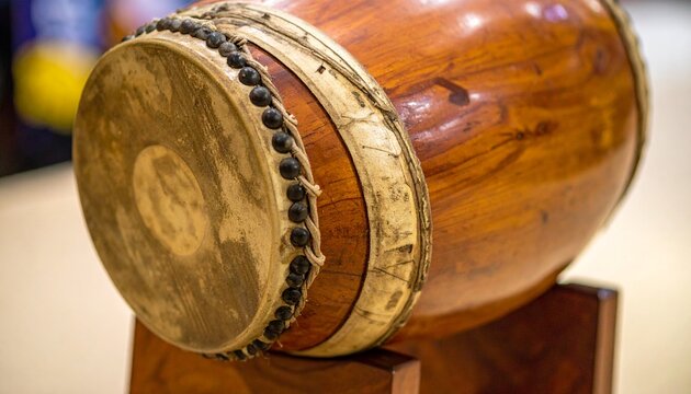 Traditional Korean janggu drum close-up with woven lacing on wooden stand in warm light