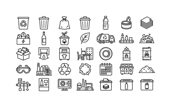 Waste Sorting Recycling. Line icon set of waste sorting recycling: recycling bin, garbage can, trash bag, rubbish container, plastic bottle, metal can, paper stack, battery box, glass bottle, organic