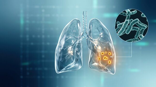 A glass lungs with magnified tuberculosis bacteria in futuristic medical research visualization