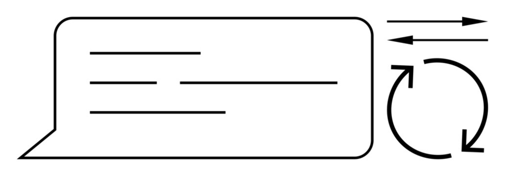 Communication, data synchronization, technology workflow, information exchange, messaging systems, process automation. Speech bubble with arrows and refresh symbol. Communication and data