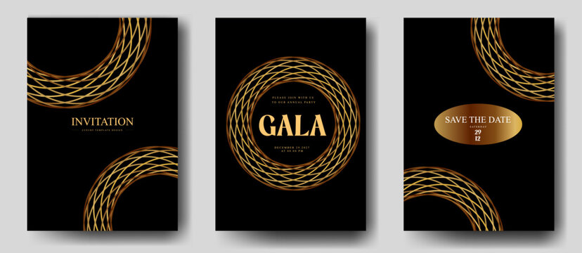 Luxury gala night invitation card set with abstract golden braided circle pattern and elegant black premium background design for VIP party, wedding and branding use