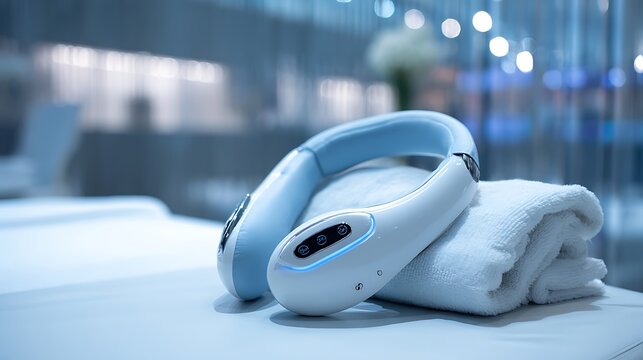 Electronic neck massager on white towel, close-up with spa-like blue-toned background