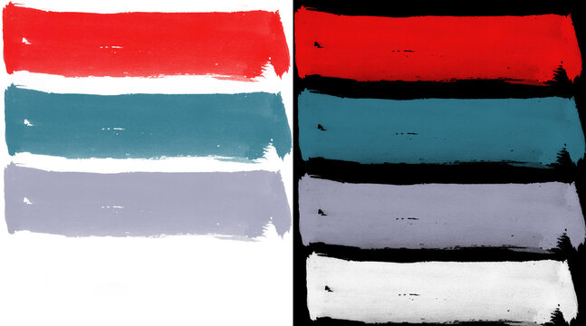 Vibrant acrylic paint brush strokes set, colorful artistic smears on white and black backgrounds, textured gouache paint swatches for graphic design