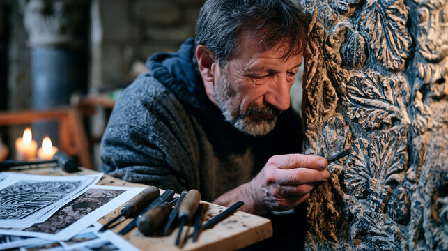 Restoration stonemason repairing intricate foliate carvings on a Romanesque church portal by candlelit atmosphere, chisels and reference photographs arranged on a wooden trestle, perfect for histori