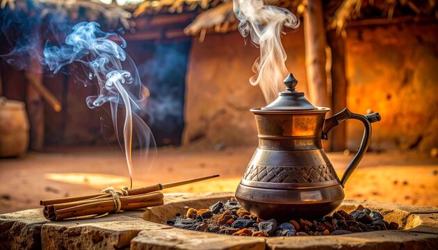 Traditional Ethiopian jebena coffee pot steaming on hot coals with incense smoke in warm rustic setting