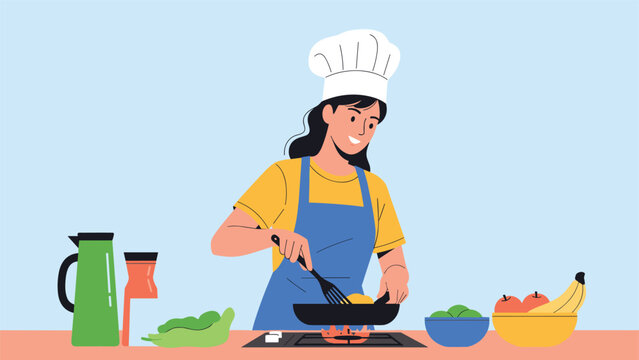 Professional female chef wearing a white hat and blue apron prepares a healthy meal by cooking vegetables in a frying pan.