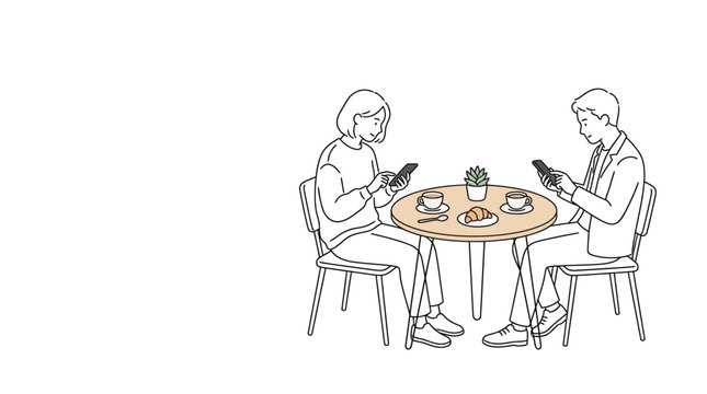 Couple sitting at a table in a cafe, both engrossed in their mobile phones, ignoring each other