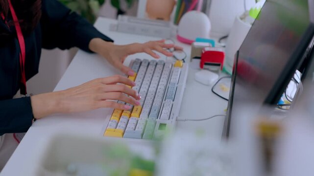 Close up view of focused woman hand typing fast on vibrant colorful mechanical keyboard at modern white office desk with computer completing business work using advanced technology