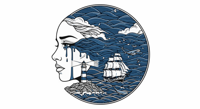 Surreal circular portrait of a crying woman whose tears form a sea with a ship, lighthouse, and whales