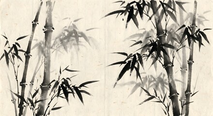 Obraz premium Minimalist Sumi-e Ink Wash Painting of Bamboo Grove on Rice Paper