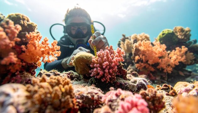 Marine biologist examining coral reef fragments underwater with dive gear in tropical ocean