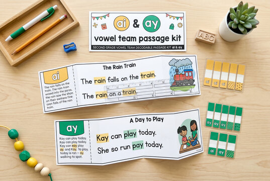 A kit for second grade students features a reading activity about rain and trains. It includes sentences to practice and tools for learning vowel sounds. Children can play and read together.