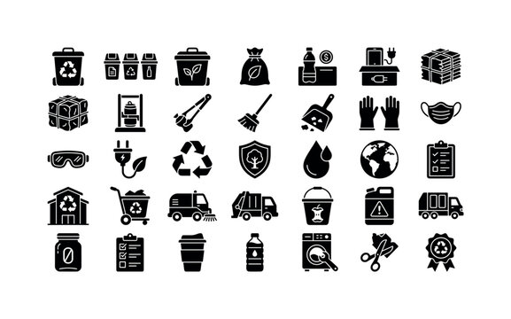 Recycling Environment Cleanup. Solid glyph icon set of environmental conservation and waste sorting: recycling bin, sorting container trio, compost bin, biodegradable leaf bag, bottle return station,