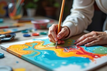 Obraz premium Vibrant Close-Up: Woman Artist Creating Colorful Abstract Design on Canvas