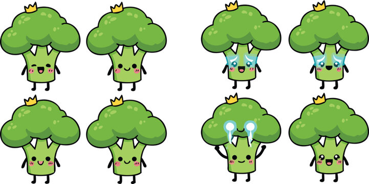 Cute broccoli king cartoon vector illustration set featuring funny vegetable characters with happy and crying emotions isolated kawaii food collection