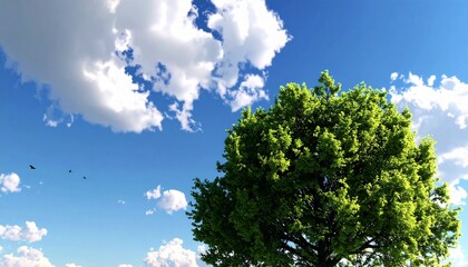 Fototapeta premium Lush Green Tree Under a Bright Blue Sky with Puffy Clouds.