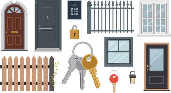 Flat Vector Illustration Set of Home Security and House Elements Including Doors Windows Fences Keys and Locks for Real Estate and Protection Service Designs