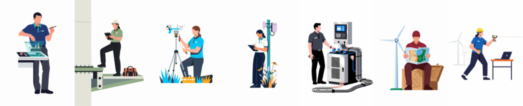 Flat illustration of diverse professional technicians and engineers working on renewable energy projects, wind power maintenance, and smart grid monitoring.