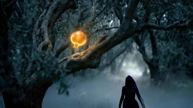 Woman walking in mystical forest toward glowing forbidden fruit on tree. Biblical temptation allegory in dark woods. Fantasy scene of Eve discovering temptation.