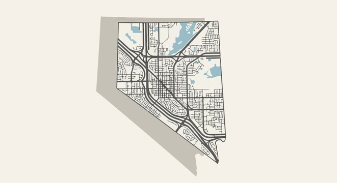 Stylized map outlines a state, detailed with roads, water bodies, and a distinct shadow