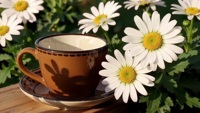Brown ceramic tea cup and saucer on wooden table surrounded by white daisies
