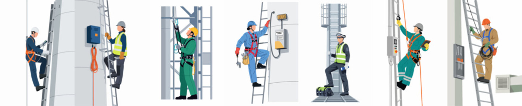 Industrial Maintenance Workers Performing Tasks at Heights Using Ladders and Safety Equipment in Various Industrial Settings