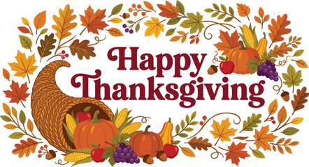 Happy Thanksgiving Retro Greeting Banner Vector Layout Featuring a Cornucopia Woven Horn of Plenty Pumpkins Autumn Leaves and Harvest Fruits over White Background © msthasina