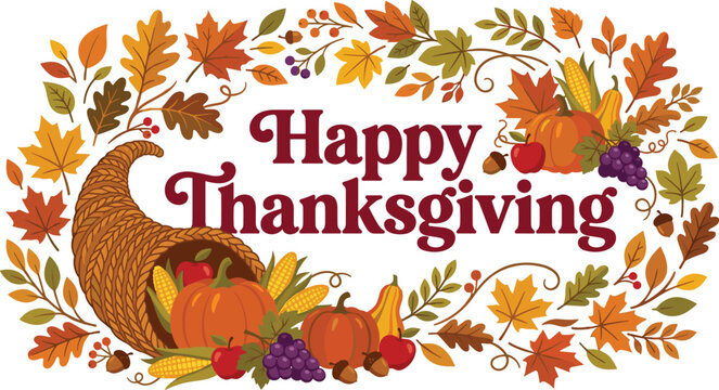 Happy Thanksgiving Retro Greeting Banner Vector Layout Featuring a Cornucopia Woven Horn of Plenty Pumpkins Autumn Leaves and Harvest Fruits over White Background