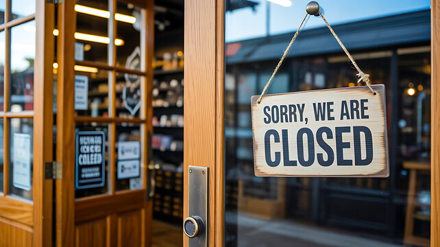 Sorry we are closed sign hanging on cafe door entrance