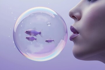 Naklejka premium Purple concept portrait of woman blowing bubble with small fish creative floating ethereal photography portrait transparent imagination delicate expression surrealism lighting atmosphere