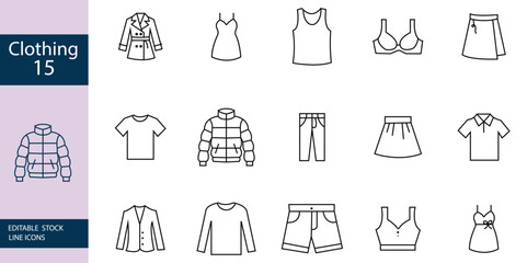Fashion Clothing line icons set. Oversize t-shirt, hoodie, wide-leg jeans, puffer jacket, bra, jumpsuit flat minimal, Editable stroke. Vector illustration © VectorHive Studio