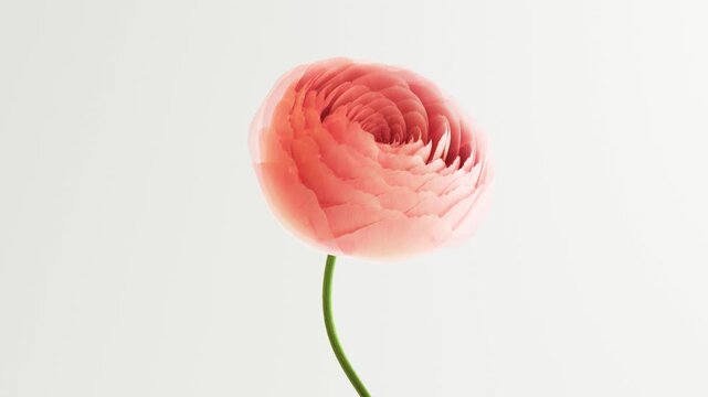 Coral peach ranunculus flower rising rotating and forming bud on light grey neutral background, delicate translucent petals opening with curved green stem, minimalist elegant floral motion footage
