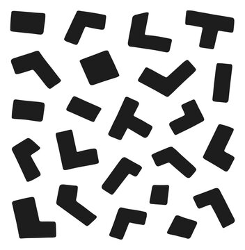 Black geometric shapes scattered on a transparent background